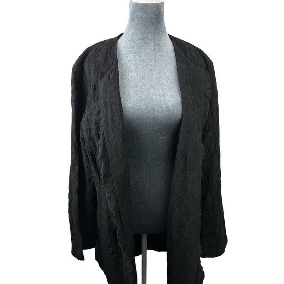 Eileen Fisher Womens Jacket Large Crinkle 100% Wool Black Cardigan long langenlo - Picture 12 of 16